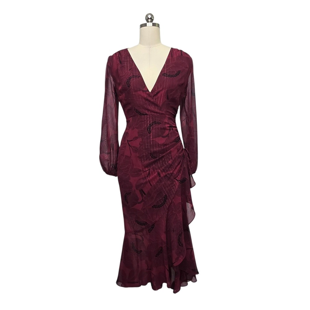 ASTR The Label Womens Burgundy Floral Metallic Wrap Midi Dress ADR100106 XS - Picture 2 of 8